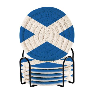Aflyko Patriot Coasters for Drink Scottish Flag Blue Coaster Set with Metal Holder Cotton Woven Coaster for Coffee Table Bistro Home Kitchen Island Holiday Housewarming Gift 6 Pack