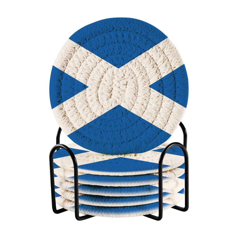 Aflyko Patriot Coasters for Drink Scottish Flag Blue Coaster Set with Metal Holder Cotton Woven Coaster for Coffee Table Bistro Home Kitchen Island Holiday Housewarming Gift 6 Pack
