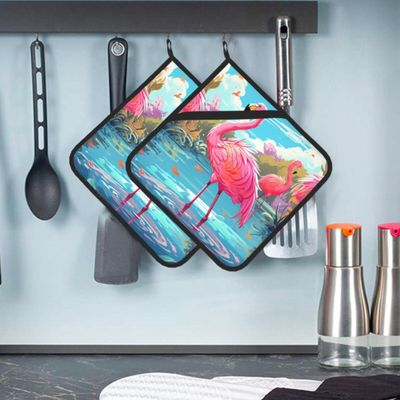 2 PCS Pot Holders for Kitchen Heat Resistant Potholder Flamingo Bird Hot Pad Washable Potholders for Cooking Square Trivet for Baking Non-Slip Oven Pot Holder Set with Hanging Loops 8" 8"