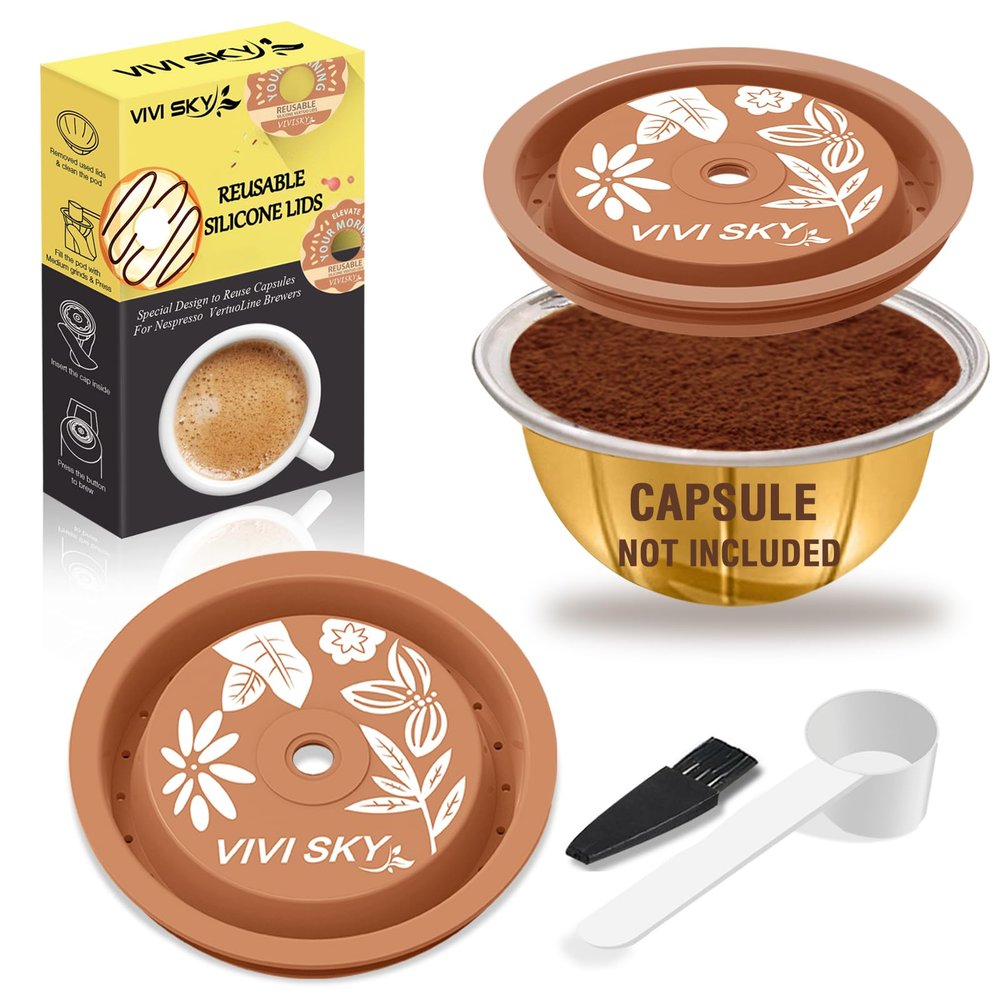 VIVI SKY Reusable Coffee Capsule Lids Work with N*espresso Pods Vertuoline,Food Grade Silicon Caps Used for Every Sizes of Reusable Vertuoline Pod Refillable Capsule (Silicon Vertuoline Lids- 2PCS)