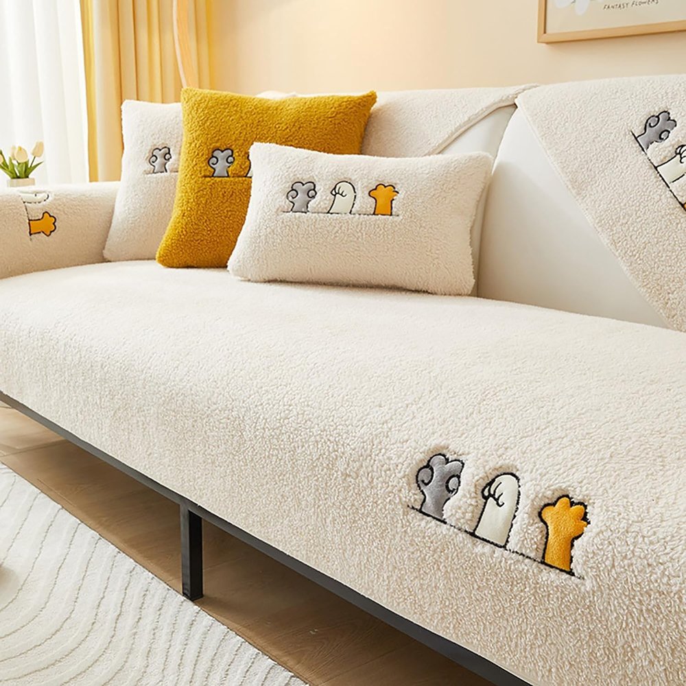 Plush Sofa Covers Sherpa Fleece Sectional Couch Covers Cute Cat Paw Couch Slipcovers Thickened Soft Warm Plush Sofa Towel Covers Anti-Slip Sofa Throw Slipcovers For Dogs ( Color : Beige , Size : 90*18