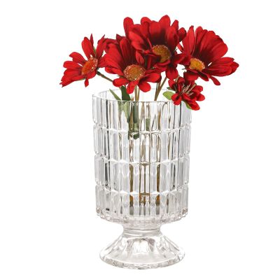 VanEnjoy Pedestal Base Glass Vase Wide Mouth vases for Flowers, Embossed Flower Vase Decorative for Home Office Wedding Holiday Party - 9 inches Stripe