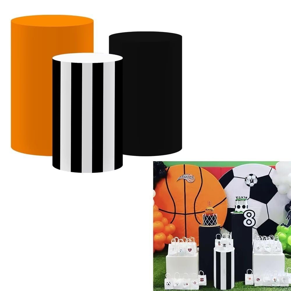 ellteecz Black Basketball Cylinder Plinth Covers for Boys Sports Birthday Party Pedestal Stand Tablecloth Stretchy Fabric Cover Baby Shower Banquets Festa Parties Favors Decorations 13''24''
