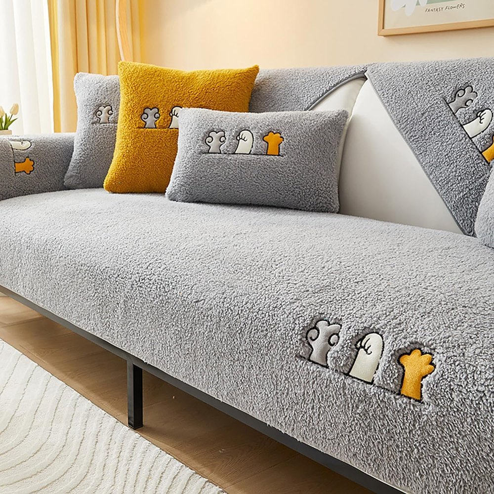 Plush Sofa Covers Sherpa Fleece Sectional Couch Covers Cute Cat Paw Couch Slipcovers Thickened Soft Warm Plush Sofa Towel Covers Anti-Slip Sofa Throw Slipcovers For Dogs ( Color : Gray , Size : 90*180