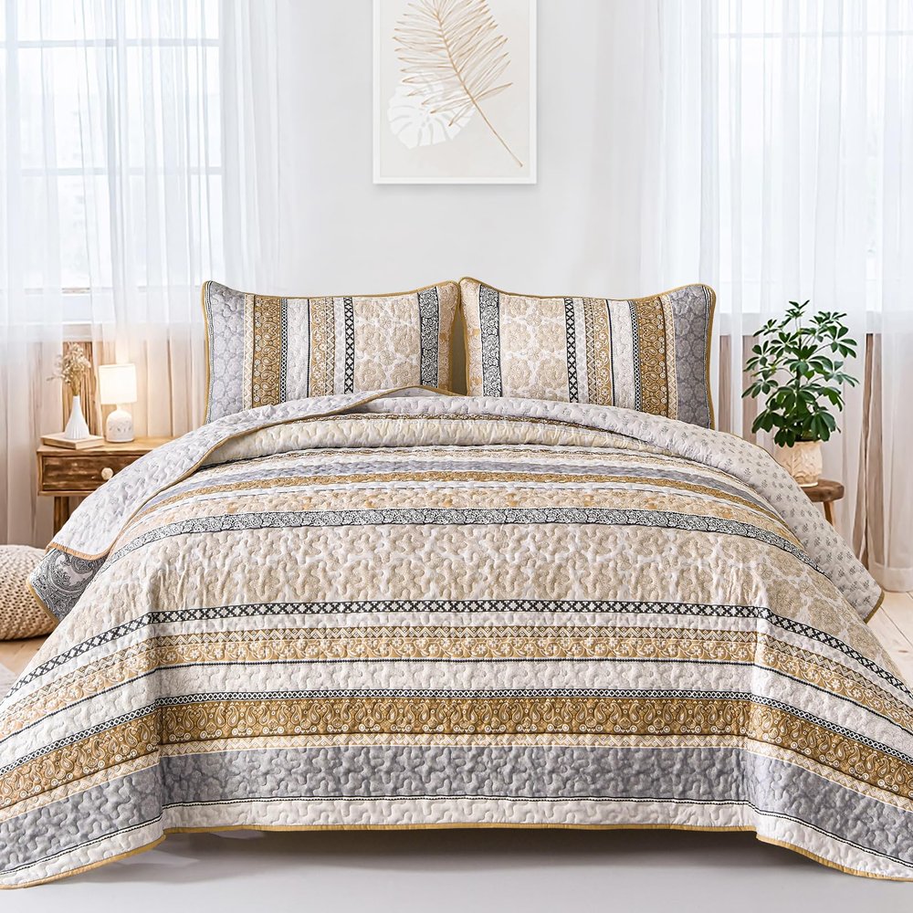 WONGS BEDDING Boho Quilt Set King Size, Brown Bohemian 3 Pieces Fall Quilt Sets, Lightweight Bedspread Coverlet Bedding Set for All Season (104"x90")