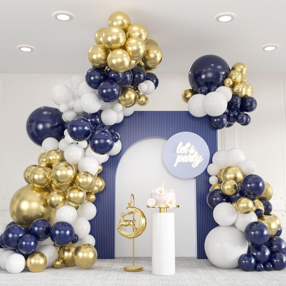 136pcs Navy Blue Gold White Balloons Garland Arch Kit,18 12 10 5 Inch Different Sizes Pack Party Latex Balloons for Valentines Day Birthday Holiday Party Decorations
