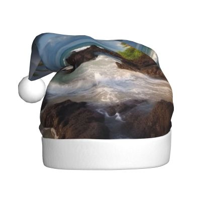 KHiry Plush Santa Hat Christmas Hat for Adults Palm Trees Clouds Light Up Xmas Hats Plush Santa Cap