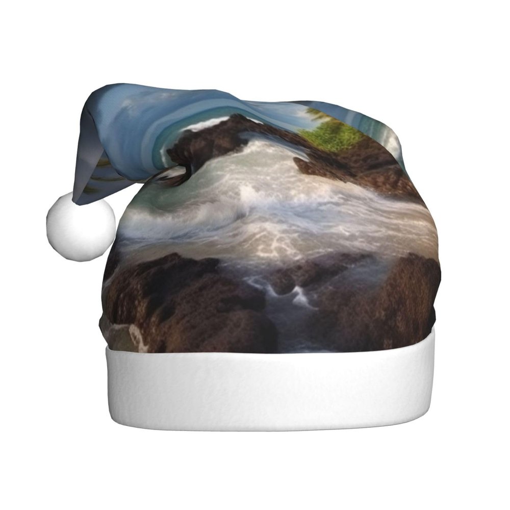 KHiry Plush Santa Hat Christmas Hat for Adults Palm Trees Clouds Light Up Xmas Hats Plush Santa Cap