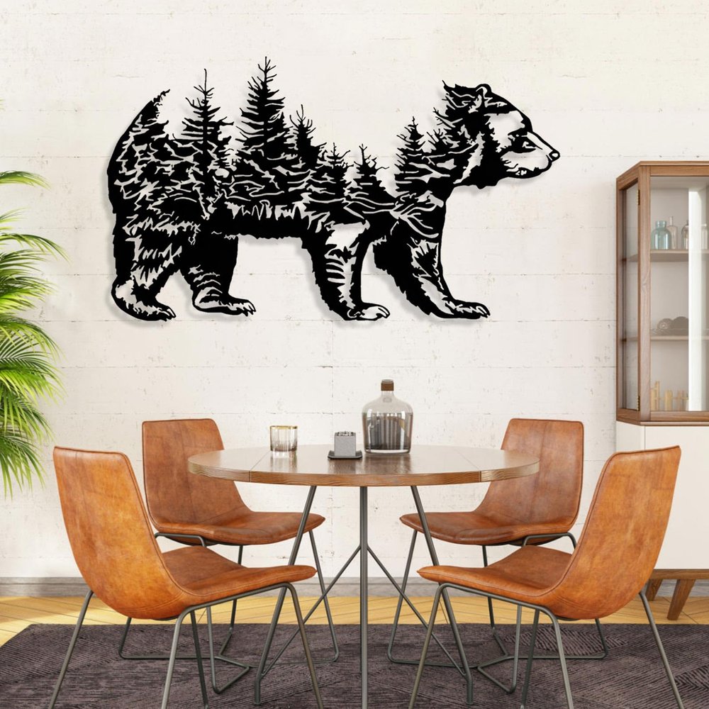 Cadeali Metal Bear Forest Wall Art, Wild Bear Metal Sign, Rustic Forest Wall Decor, Wildlife Hunting Decor, Mountain Artwork, Nature Decorations for Living Room, Office (Black, 30"x17" | 76x44cm)