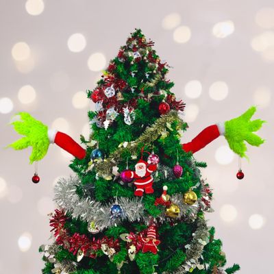 Christmas Elf Body Tree Decorations, Green Monster Stole Xmas Tree Topper, Pose-able Elf Stuffed Arm for Christmas Tree Hanging Ornament (27.6x7.8 inch, 2PCS Arms)