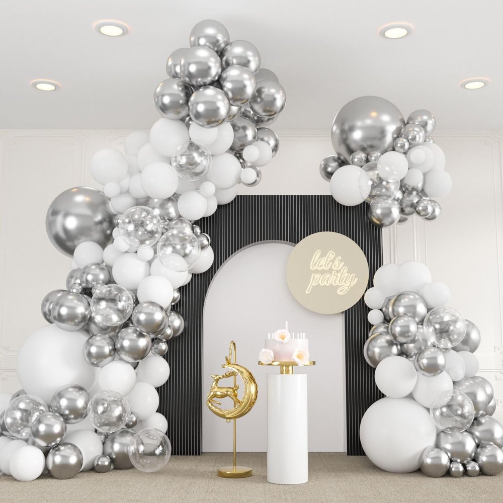 136pcs White and Silver Balloons Garland Arch Kit With Clear Balloons,18 12 10 5 Inch Party Latex Balloons for Birthday Wedding Anniversary Party Decorations
