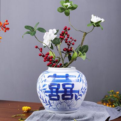 XIUWOUG Vintage Blue and White Porcelain Flower Vase Chinoiserie Vase Ceramic Ginger Jar Vase for Home Decor,Living Room Decor,Office Decor,B