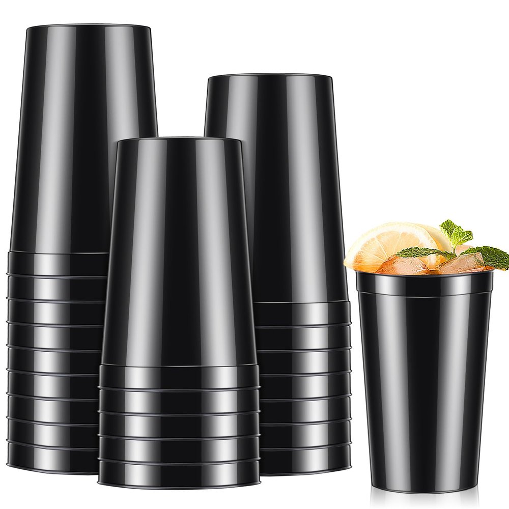 Mifoci 24 Pcs Stadium Plastic Cups Blank Reusable Drink Tumblers Bulk Stackable Drinking Stadium Tumbler for Birthday Party Weddings Mardi Gras(22oz,Black)