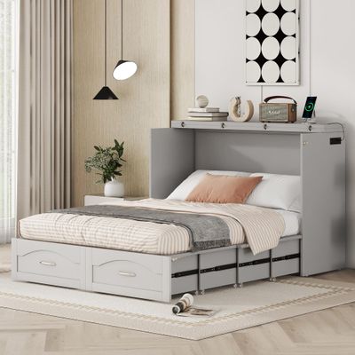 Flieks Full Size Murphy Bed Frame for Boys Girls Kids Adults Toddler Wall Bed with Drawer and a Set of Sockets & USB Ports, Pulley Structure Design, Gray