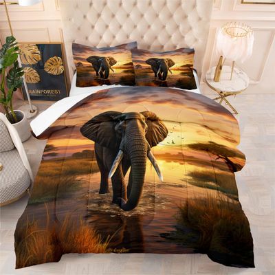 Ydtwnyq Elephant Comforter Set African Wildlife Elephant Wildlife Scenery Printed Bedding and Quilt Set for Kids Boys Girls Teens Living Room Decorative 3Pcs, King