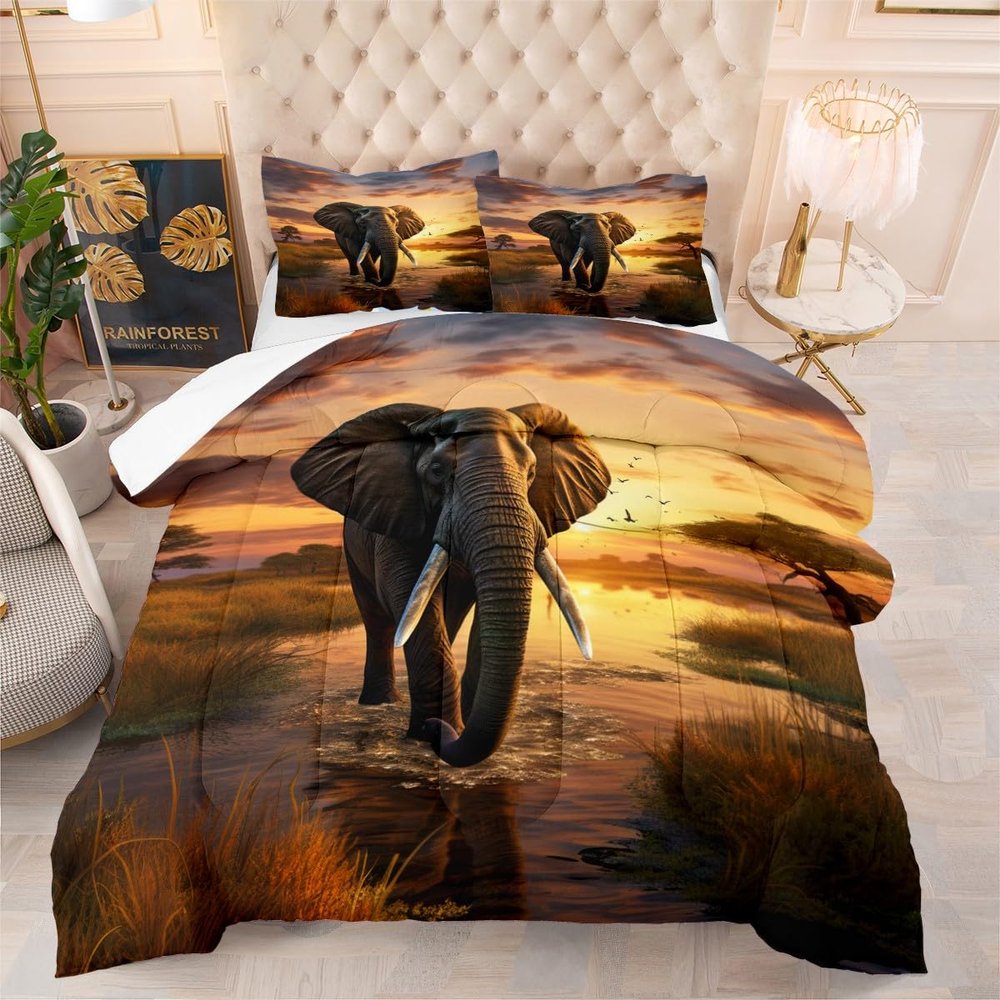 Ydtwnyq Elephant Comforter Set African Wildlife Elephant Wildlife Scenery Printed Bedding and Quilt Set for Kids Boys Girls Teens Living Room Decorative 3Pcs, King