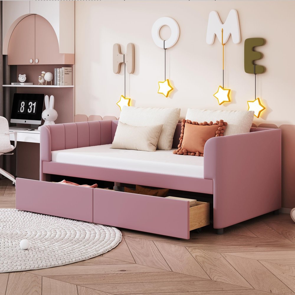 Bekeknlny Twin Size Upholstered Daybed with Ergonomic Design Backrest and 2 Drawers, Velvet Sofa Bed for Kids, Bedroom, Dorm, No Spring Box Need (Pink/Velvet, Twin)