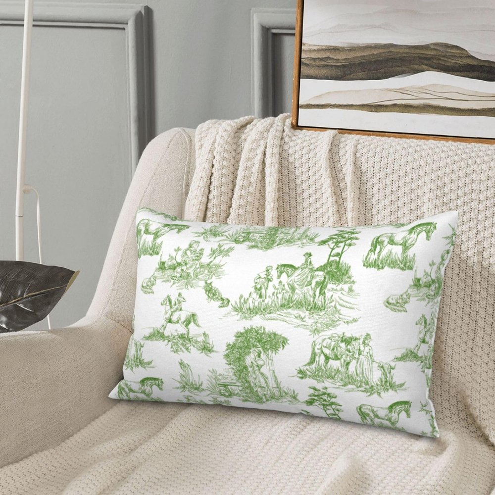 moremohome Spring Pillow Covers,Toile Pillow Cover,French Country Decor,Green Lumbar Pillow,French Country Horse Pillow Cover Green,Lumbar Pillow Cover 12 * 20 in