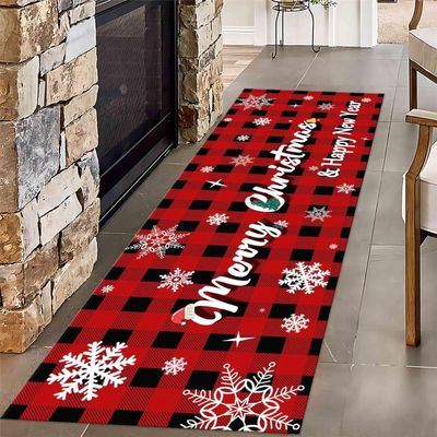 MUOUCTE Happy Christmas and New Year Long Hallway Rug Runners, 2.6x7ft, Snowflake Bells Red Hat Runner for Entryway, with Non Slip Backing Floor Decoration, Durable Soft Hallway Carpet for Bedroom