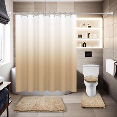 BAAHRNOM 4 Pcs Beige Shower Curtain Sets with Rugs Solid Bathroom Sets with Shower Curtain and Rugs Shower Curtains for Bathroom Toilet Lid Cover Modern Bathroom Decor