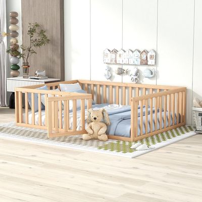 Harper & Bright Designs Kid's Floor Bed Full Size with Fence, Wood Bed for Boys Girls, No Slats, Easy Assembly, Natural