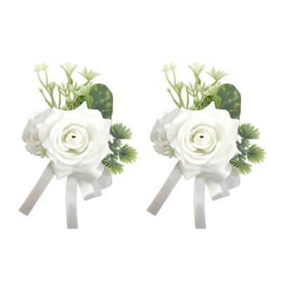 Fiwisora Set of 2 Bride Wrist Corsage Bridal Hand Flower White Rose Wedding Bridesmaid Parent Wrist Corsage Flower for Indoor Outdoor Wedding Prom Quinceanera Father Daughter Dance Party Homecoming