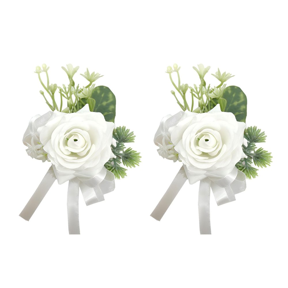 Fiwisora Set of 2 Bride Wrist Corsage Bridal Hand Flower White Rose Wedding Bridesmaid Parent Wrist Corsage Flower for Indoor Outdoor Wedding Prom Quinceanera Father Daughter Dance Party Homecoming