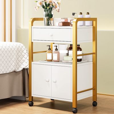 FawZia Bar Carts for The Home Modern Small Cart with Wheels Made of MDF+Steel, Bar Cart with Wheels White+Gold for Salons, Studios, Shops 2 Sizes (Color : with Drawer and Cabinet, Size : Large)
