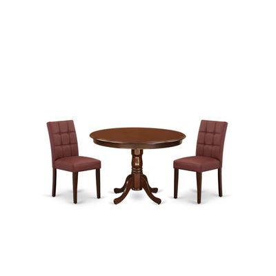 East West Furniture HLAS3-MAH-26 3 Piece Modern Dining Table Set Includes A Wood Dining Table and 2 Burgundy Polyester Fabric Mid Century Modern Chairs, Mahogany