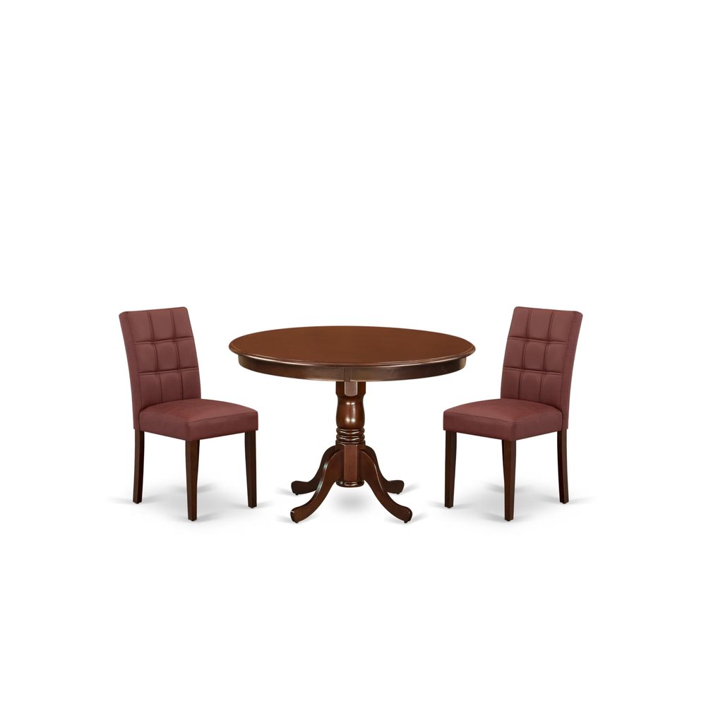 East West Furniture HLAS3-MAH-26 3 Piece Modern Dining Table Set Includes A Wood Dining Table and 2 Burgundy Polyester Fabric Mid Century Modern Chairs, Mahogany