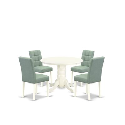 East West Furniture SHAS5-WHI-43 5 Piece Dinner Table Set contain A Modern Dining Table and 4 Willow Green Polyester Fabric Upholstered Dining Chairs, Linen White