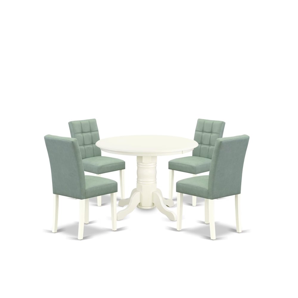 East West Furniture SHAS5-WHI-43 5 Piece Dinner Table Set contain A Modern Dining Table and 4 Willow Green Polyester Fabric Upholstered Dining Chairs, Linen White