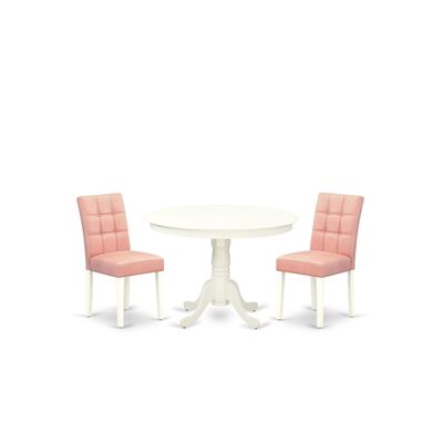 East West Furniture HLAS3-LWH-42 3 Piece Dinner Table Set Includes A Wood Table and 2 Beige Red Polyester Fabric Dining Chairs with Stylish Back- Linen White Finish