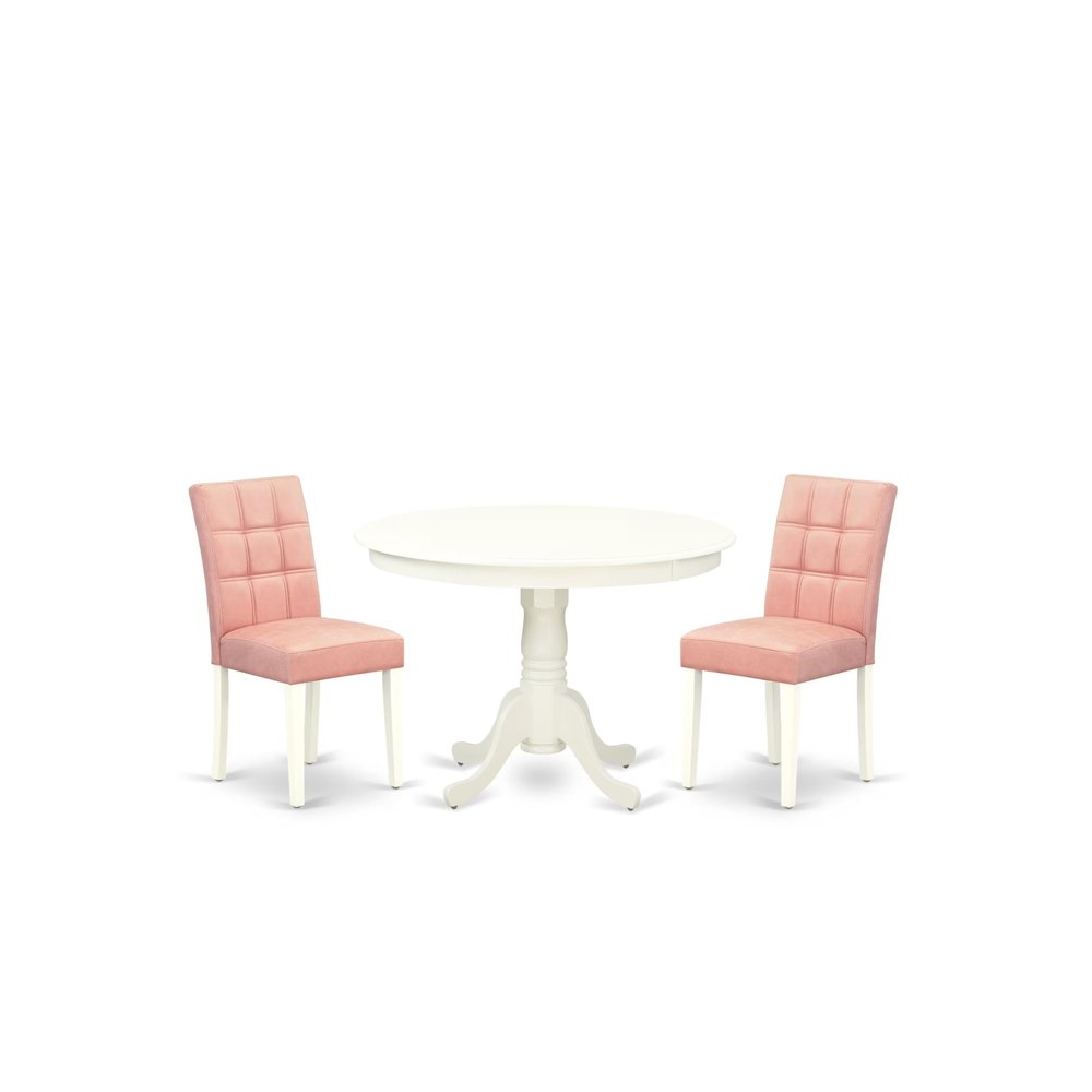 East West Furniture HLAS3-LWH-42 3 Piece Dinner Table Set Includes A Wood Table and 2 Beige Red Polyester Fabric Dining Chairs with Stylish Back- Linen White Finish