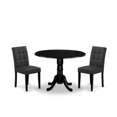 East West Furniture DLAS3-BLK-12 3 Piece Dining Table Set contain A Wood Table and 2 Dark Gray Polyester Fabric Dinner Chairs with Stylish Back- Black Finish