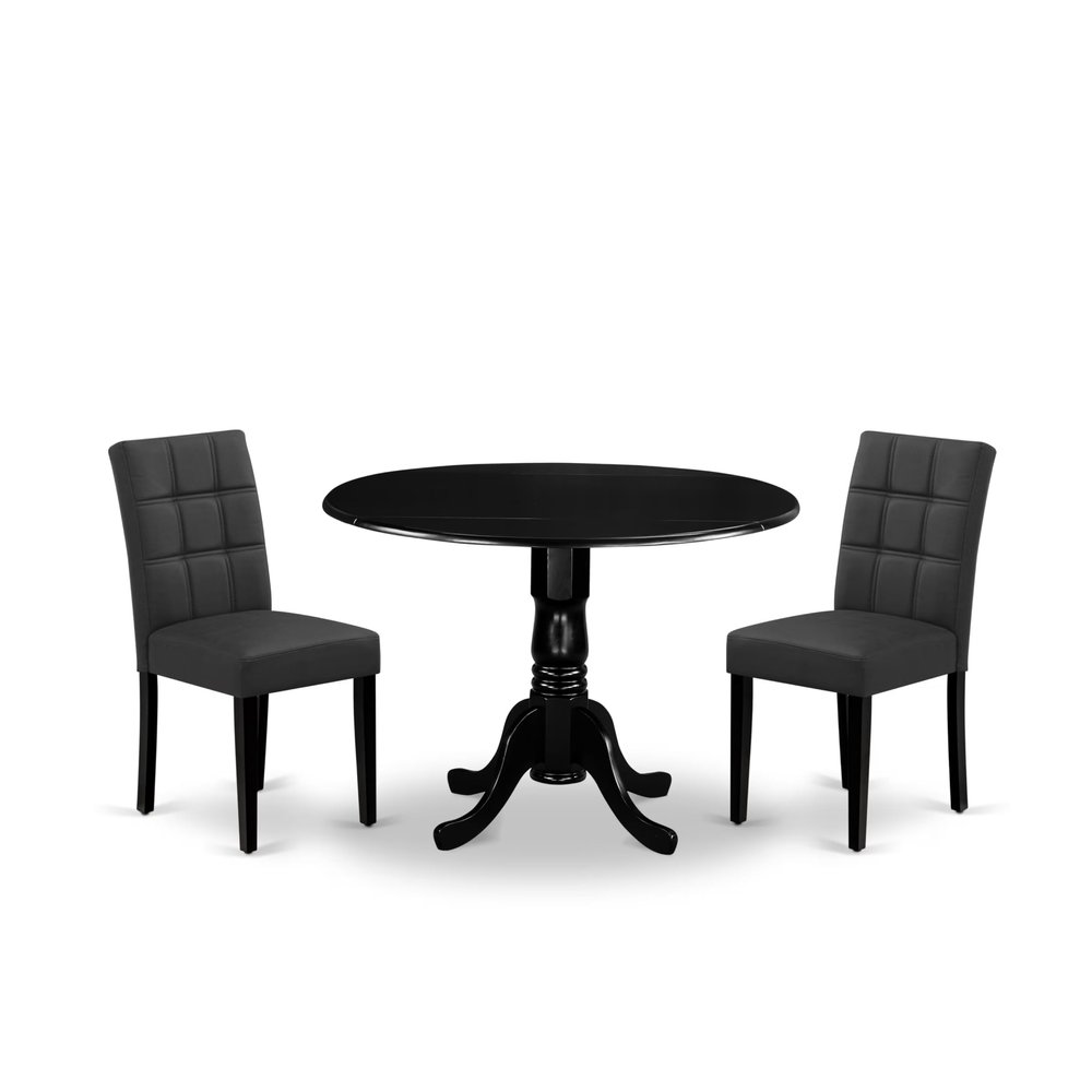 East West Furniture DLAS3-BLK-12 3 Piece Dining Table Set contain A Wood Table and 2 Dark Gray Polyester Fabric Dinner Chairs with Stylish Back- Black Finish