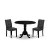 East West Furniture DLAS3-BLK-12 3 Piece Dining Table Set contain A Wood Table and 2 Dark Gray Polyester Fabric Dinner Chairs with Stylish Back- Black Finish view 1