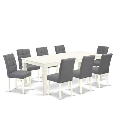 East West Furniture LGAS9-LWH-41 9 Piece Dining Table Set Includes A Wooden Table and 8 Platinum Gray Polyester Fabric Dinner Chairs with Stylish Back- Linen White Finish
