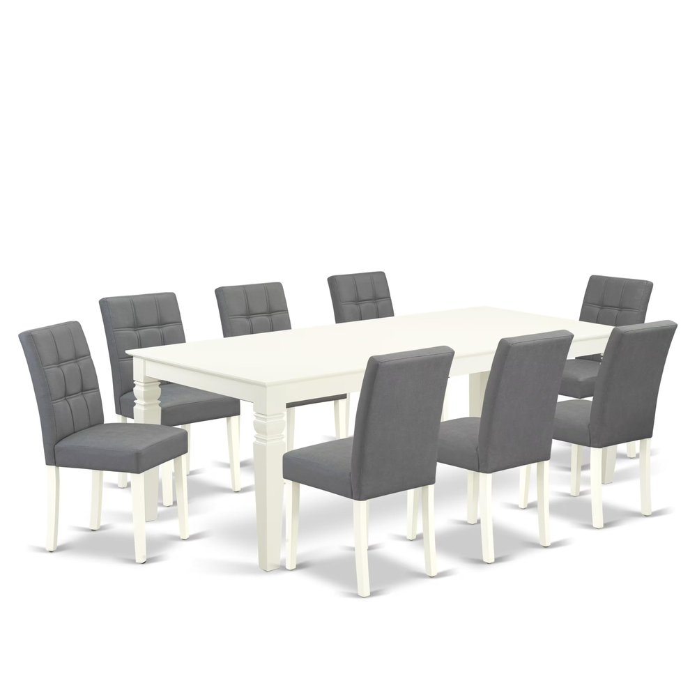 East West Furniture LGAS9-LWH-41 9 Piece Dining Table Set Includes A Wooden Table and 8 Platinum Gray Polyester Fabric Dinner Chairs with Stylish Back- Linen White Finish