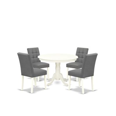 East West Furniture HLAS5-LWH-41 5 Piece Kitchen Table Set contain A Wooden Table and 4 Platinum Gray Polyester Fabric Dining Chairs with Stylish Back- Linen White Finish