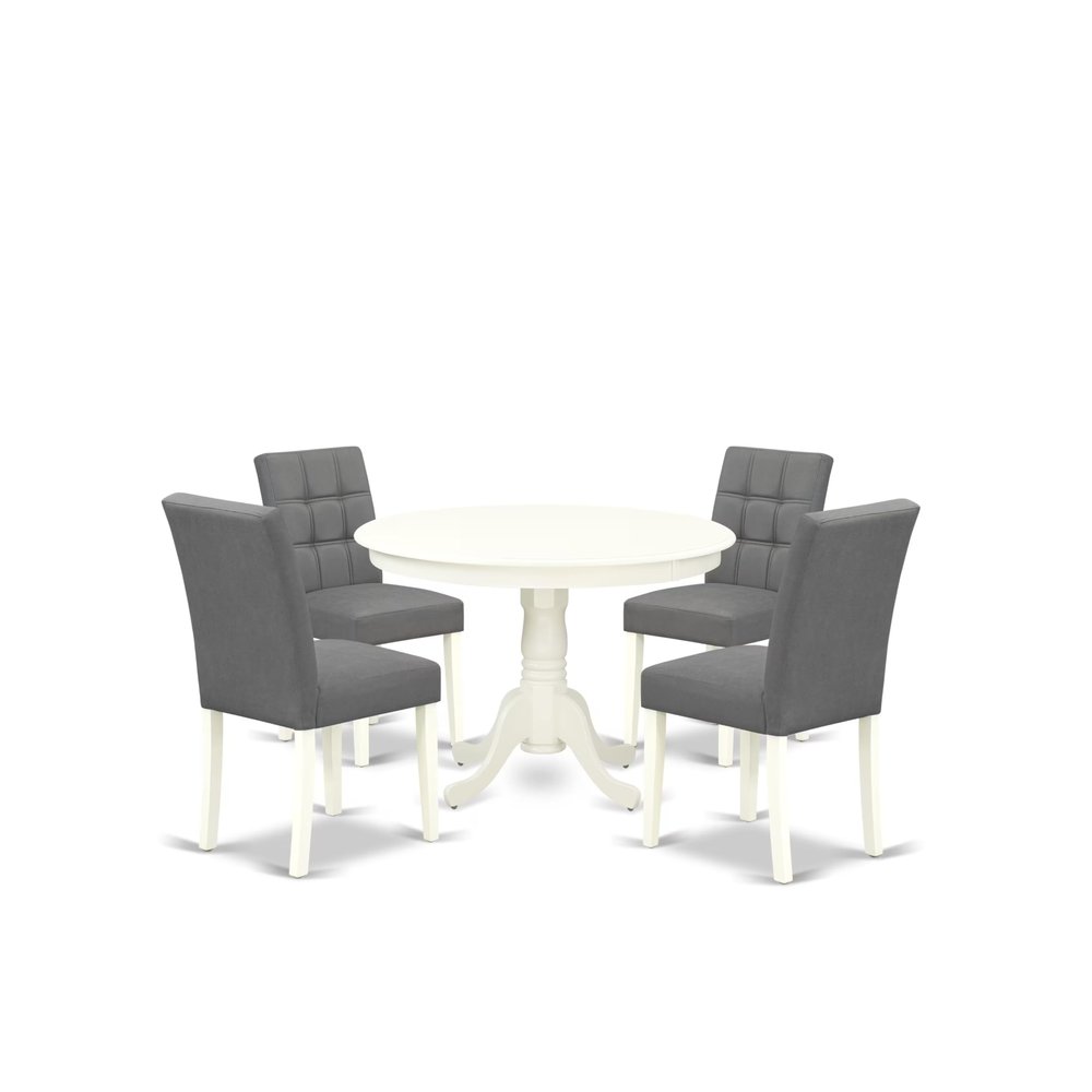 East West Furniture HLAS5-LWH-41 5 Piece Kitchen Table Set contain A Wooden Table and 4 Platinum Gray Polyester Fabric Dining Chairs with Stylish Back- Linen White Finish