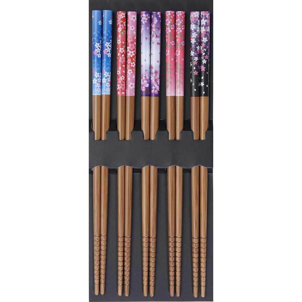 Sakura Flowers Japanese Bamboo Chopsticks Set, 5 Pairs, Made in Japan