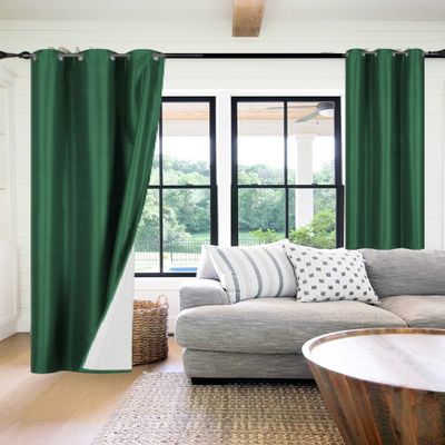 1 Piece Faux Silk Blackout Curtains Thermal Insulated Panel 3 Pass K86 Coating Grommet Top 35" X 95" (Dark Green Hunter)