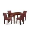 East West Furniture NFAS5-MAH-26 5 Piece Kitchen Table Set Includes A Mid Century Table and 4 Burgundy Polyester Fabric Parson Chairs, Mahogany view 1