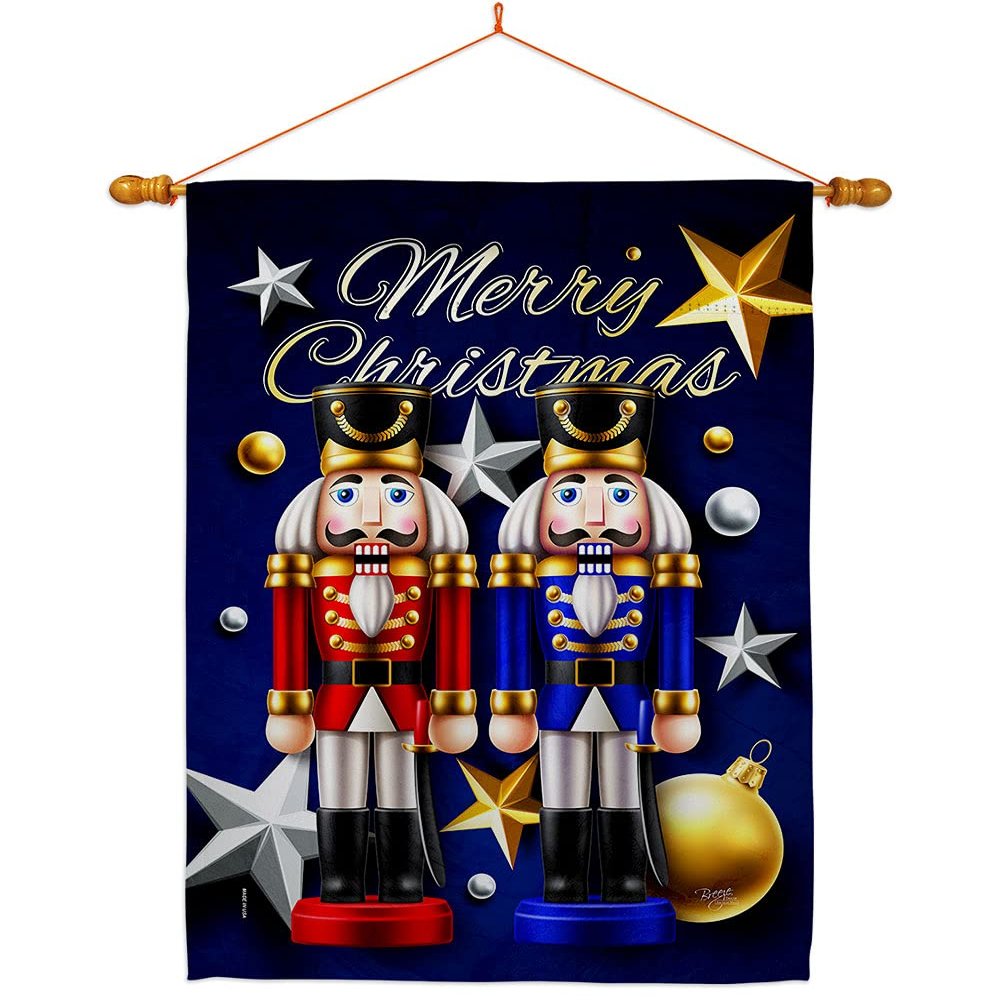 Breeze Decor Christmas Winter Tapestry Wood Dowel Set Rod Home Banner Textile Poster Flag Stand Pole Room Wall Scroll Hanging Funny White Elephant Nutcrackers Indoor Decor, Xmas Gifts Made in USA
