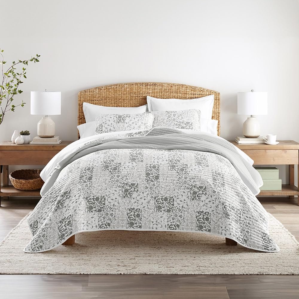Linen Market Quilt Coverlet Set All Season Patterned Reversible Microfiber Ultra Soft Bedding in Patchwork - Twin/TwinXL Patchwork Light Gray