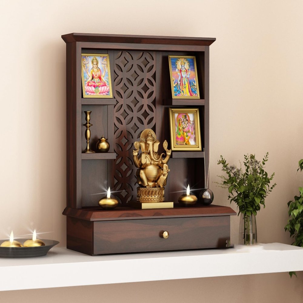 Home Temple Wooden Puja Mandir Pooja Stand for Home and Office Wall Mandir for Home Temple for Home and Office (Walnut)