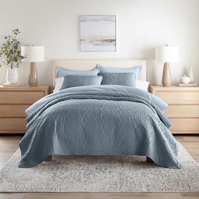 Linen Market Quilt Coverlet Set All Season Microfiber Modern Ultra Soft Bedding in Floral Stitch - Twin/TwinXL Floral Stitch Dusk Blue