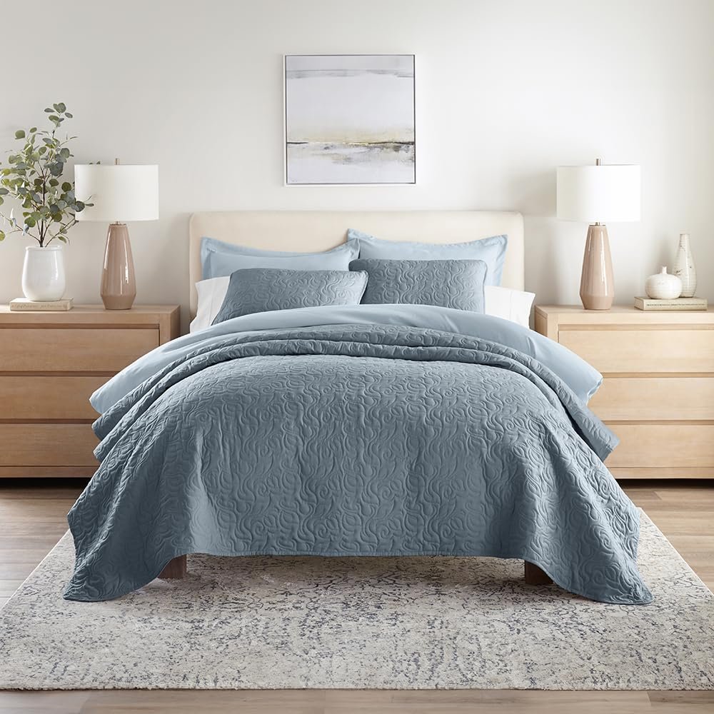 Linen Market Quilt Coverlet Set All Season Microfiber Modern Ultra Soft Bedding in Floral Stitch - Twin/TwinXL Floral Stitch Dusk Blue
