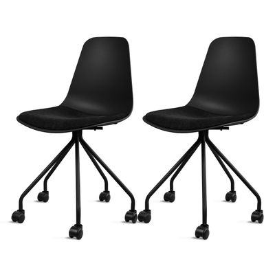 2xhome Set of 2 Modern Office Task Chairs | Linen Fabric Padded Cushion and Rolling Metal Base | Functional Conference Desk Computer Chair for Home (Black)